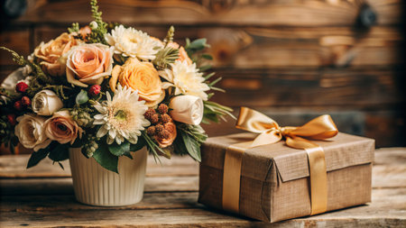 Bouquet of flowers in vase with gift box on wooden backgroundの素材