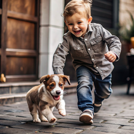 Little boy playing with a dog on the street. Happy child having fun with a dog.の素材
