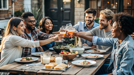 Group of young multiethnic friends having dinner together and clinking glassesの素材