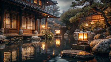 Japanese garden with lanterns at night. Japanese style house in the background.の素材