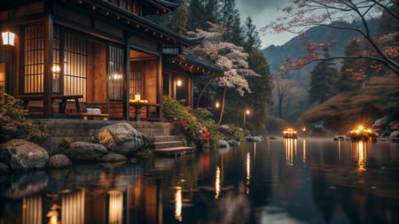 Beautiful japanese wooden house with reflection in lake at nightの素材
