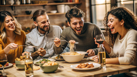 Group of friends having dinner together at home. People eating pasta and smiling.の素材