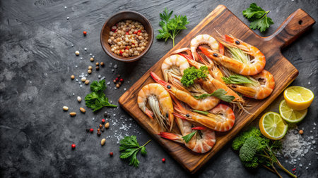 Grilled tiger prawns with herbs and spices on cutting boardの素材
