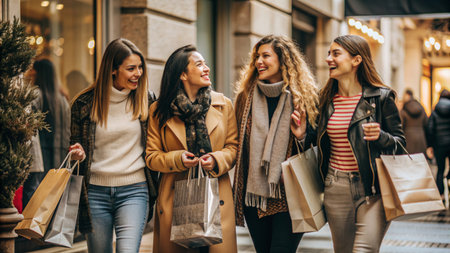 Group of happy young women with shopping bags walking in the city.の素材
