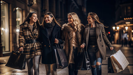 Beautiful young women with shopping bags in the city at night.の素材