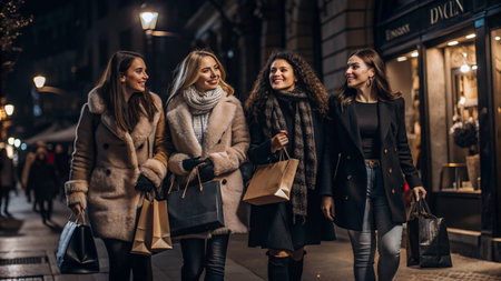 Three beautiful young women walking in the city at night and holding shopping bags.の素材