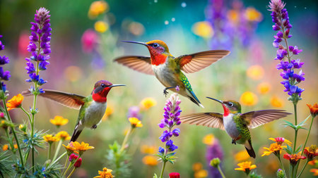 Hummingbirds flying in the wild with colorful flowers in the backgroundの素材