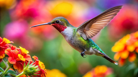 Hummingbird in flight with colorful flowers in background, Colombia, South Americaの素材