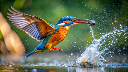 Kingfisher catching a fish in the water. Wildlife scene from nature.の素材