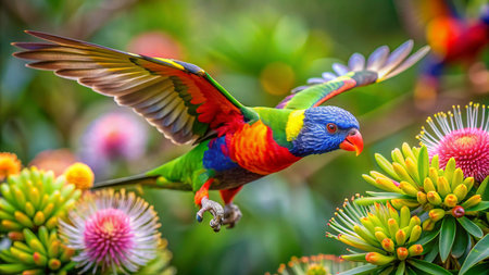 Rainbow Lorikeet (Trichoglossus haematodus) flying in the wildの素材