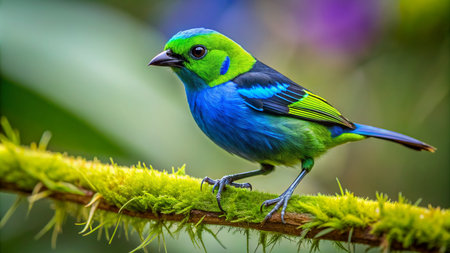 closeup of a turquoise and blue bird on a branchの素材