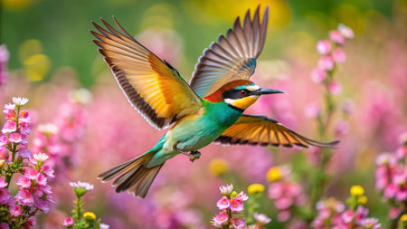 Bee-Eater (Merops apiaster) in flight over pink flowersの素材