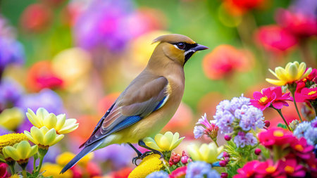 Eurasian waxwing (Bombycilla garrulus) on colorful flowersの素材