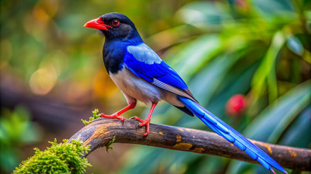 Beautiful blue and red bird standing on the branch in the forestの素材
