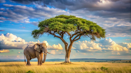 Elephant and acacia tree in Serengeti National Park, Tanzaniaの素材