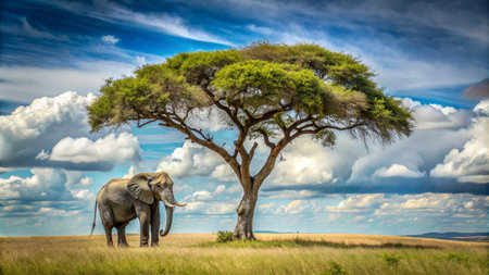 Elephant and acacia tree in Serengeti National Park, Tanzaniaの素材