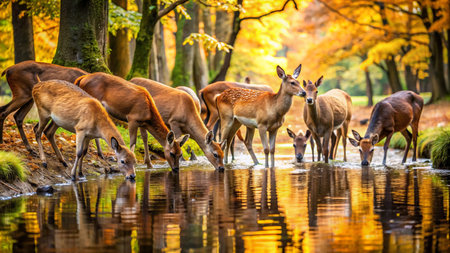 Group of deer in autumn forest drinking water from pond. Fall season.の素材