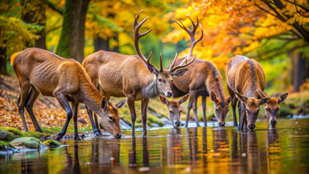Group of red deer (Cervus elaphus) in autumn forest.の素材