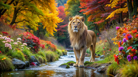 Lion in the autumn park. Beautiful nature scene with lion.の素材