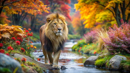 Lion in the park with colorful foliage in autumn season. Nature backgroundの素材