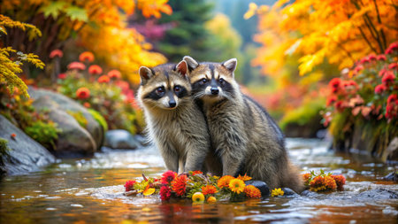 Two raccoons sitting on the bank of a mountain stream in the autumn forestの素材