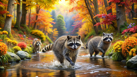 Raccoon in the autumn park. Nature scene with raccoonの素材