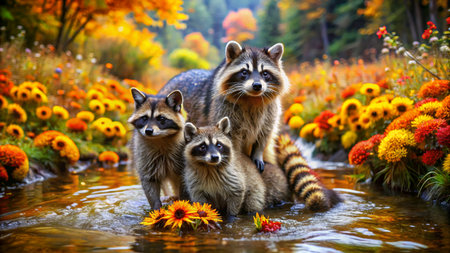 Three raccoons in the water on a background of autumn flowersの素材