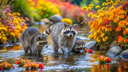Raccoons playing in a lake with colorful autumn leaves in the backgroundの素材