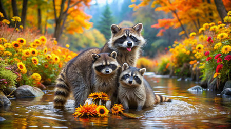 Raccoon family in the autumn park. Raccoon family in the autumn park.の素材