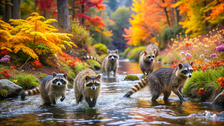 Raccoons playing in the stream in autumn forest, Japan.の素材