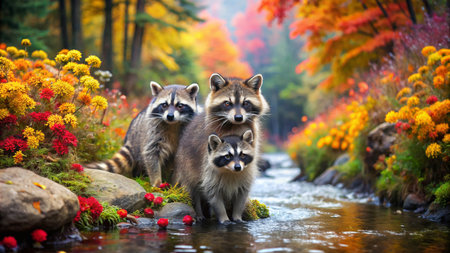 Three raccoons in the autumn forest on a background of a mountain streamの素材