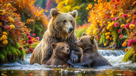 Brown bear family with two cubs in the autumn forest. Kamchatka, Russiaの素材