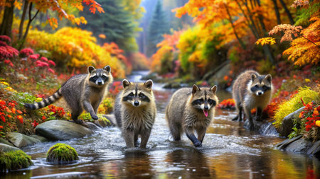 Raccoons in the autumn forest. Japanese raccoons in the autumn forestの素材