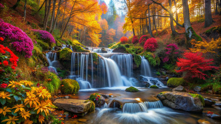 Autumn forest waterfall with colorful leaves and stream. Beautiful autumn landscape.の素材