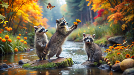 Raccoons on the bank of the river in the autumn forestの素材