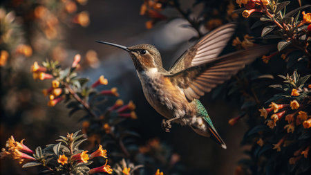 Hummingbird in flight with flowers in the background. Wildlife scene from tropics.の素材