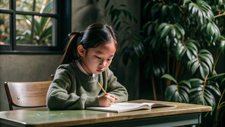 Cute little asian girl doing homework at home, education conceptの素材