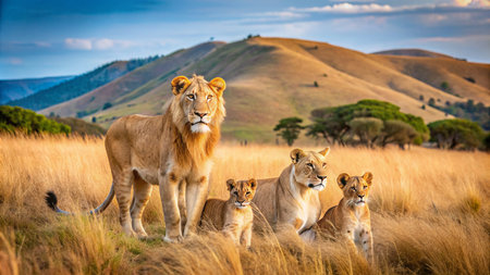 Lioness with her cubs in Serengeti National Park, Tanzaniaの素材