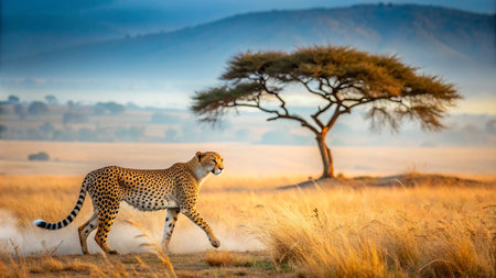 Cheetah walks in the savannah at sunset, Masai Mara National Park, Kenyaの素材