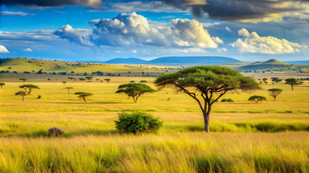 Acacia trees in Masai Mara National Park, Kenya, Africaの素材