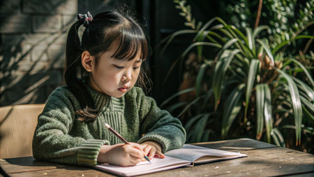 Portrait of cute asian child girl writing in notebook while sitting in cafe.の素材