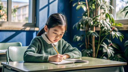 Asian little child girl sitting at the table and writing in notebook.の素材