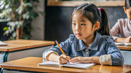 Asian little child girl writing in notebook while sitting at desk in classroom.の素材