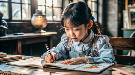 Cute asian child girl drawing with pencils at home.の素材
