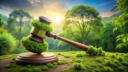 Wooden judge gavel on green nature background. Law and justice conceptの素材