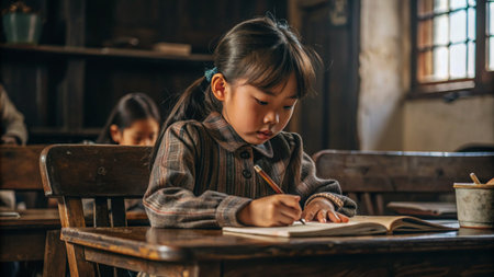 Asian little girl doing homework at the table in the classroom. Education concept.の素材