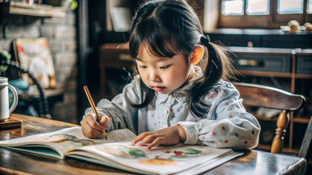 Cute asian little girl drawing with pencils in the kitchenの素材