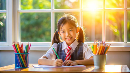 Portrait of happy asian schoolgirl drawing with colorful pencils in classroom.の素材
