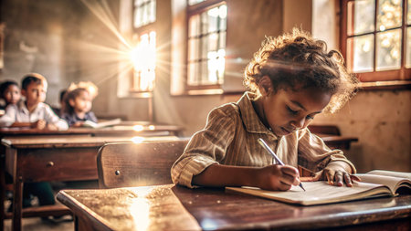 Portrait of little African-American boy doing his homework in classroomの素材