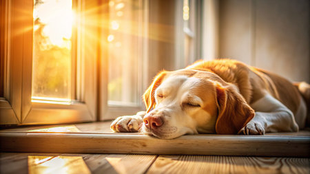 Cute dog lying on the floor near the window at sunset.の素材